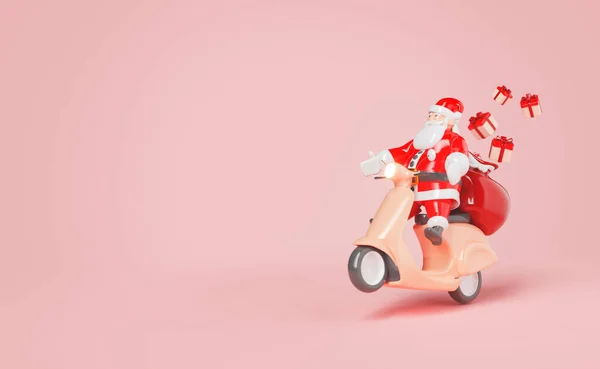Візуалізація Статуетки Санта Клауса Скутері Доставляє Подарунки Мішком Червоному Студійному — стокове фото