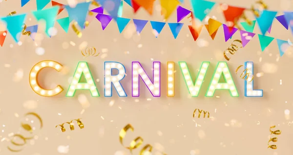 カーニバルという言葉とその周りのお祝いの装飾と照明の看板の3Dレンダリング — ストック写真