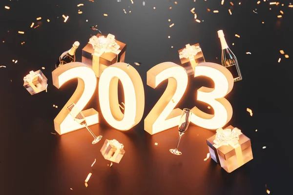 Renderização Véspera Ano Novo 2023 Sinal Iluminado Com Presentes Garrafas — Fotografia de Stock