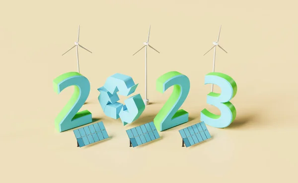 Återgivning Ett Nytt 2023 Affisch Begreppet Förnybar Energi Med Solpaneler — Stockfoto