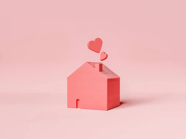 3D渲染的红木房子与心脏从烟囱里出来的工作室背景 — 图库照片