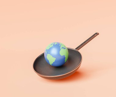 Bej arka planda Dünya 'nın ısındığı kızartma tavası. Küresel ısınma, ekosistem, koruma ve enerji kavramı. 3d oluşturma