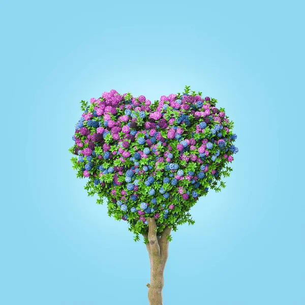 3d rendering of heart shaped tree crown with colorful flowers and green leaves against blue background