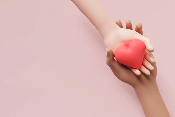 3d rendering from above diverse hands of couple touching each other and holding red heart on pink background