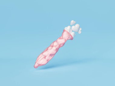 Romantizm ve mavi arka planda doğum kontrolü kavramı için küçük beyaz kalpli pembe prezervatifin 3D çizimi