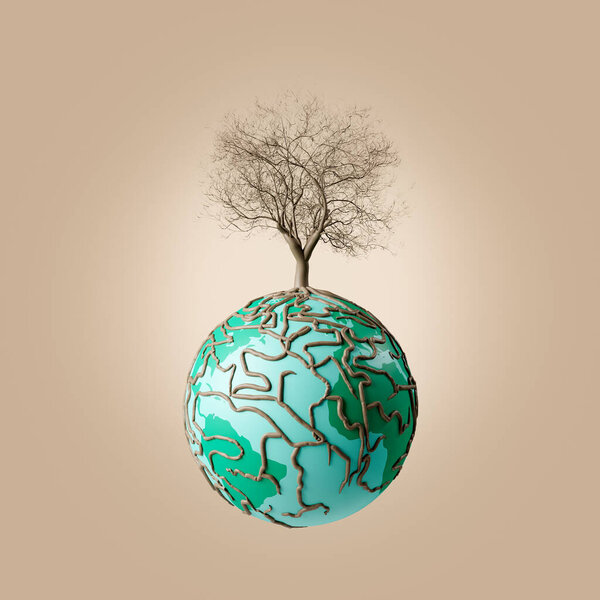 Creative 3D rendering of Earth globe with leafless tree with curly long roots against beige background