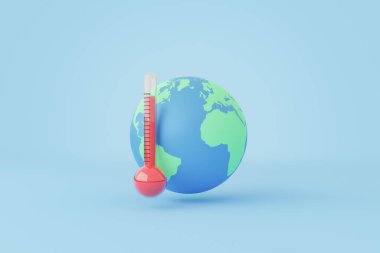 3D rendering of red thermometer near globe against blue background as global warming concept