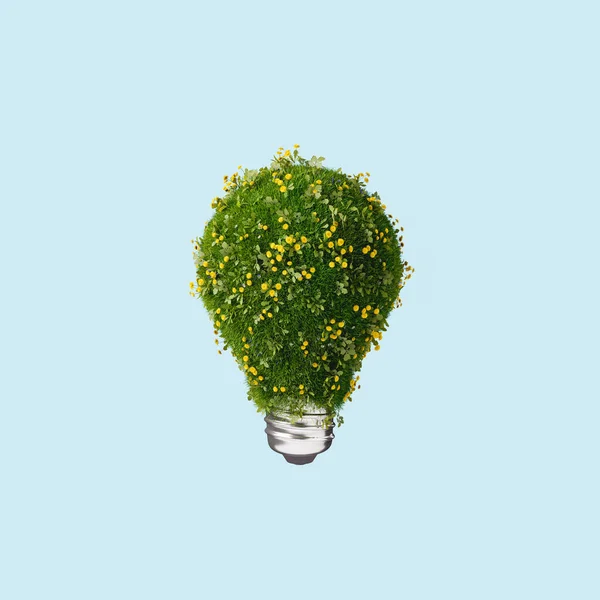 Creative 3D rendering of light bulb covered with green grass with blooming yellow flowers against blue background