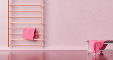 3D rendering of mat hanging on wooden gymnastic wall bars near bench in modern light pink studio