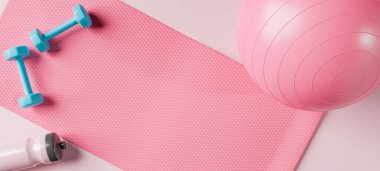 3D rendering of blue barbells placed on pink mat near fit ball and thermos in modern gym