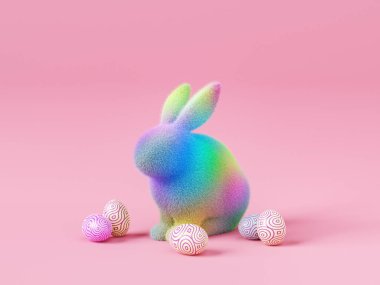 Colorful 3D rendering of decorative toy fluffy rainbow bunny placed on pink background near Easter eggs