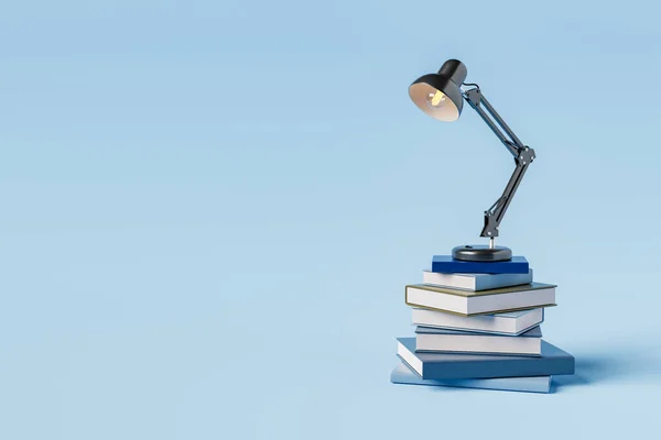 3d rendering of stacked study books with glowing lamp placed on top for World Book Day on blue background