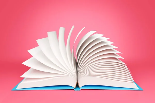 3D rendering of opened book with blue cover and turning white pages against bright pink background