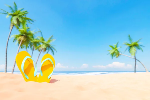 Vykreslování Žlutých Žabek Umístěných Písku Proti Vlnícímu Moři Tropické Palmy — Stock fotografie