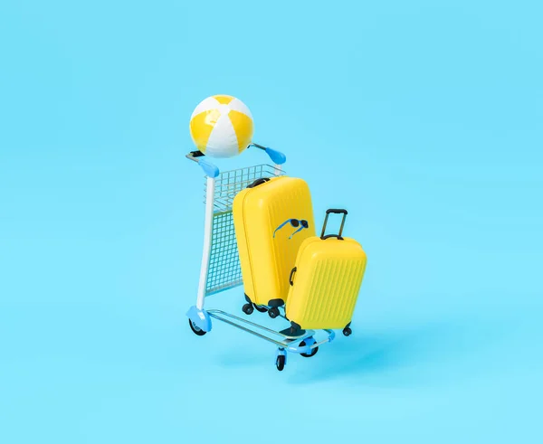 Rendering Moderner Gelber Gepäckstücke Und Aufblasbarer Gestreifter Ball Auf Gepäckwagen — Stockfoto