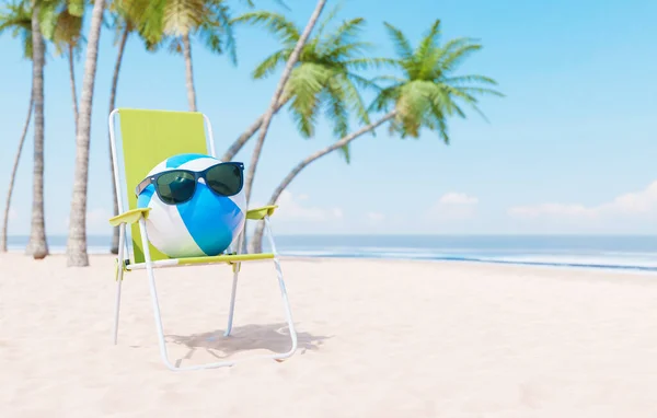 Απόδοση Μπάλας Παραλίας Γυαλιά Ηλίου Τοποθετημένη Καρέκλα Στην Αμμώδη Ακτή — Φωτογραφία Αρχείου
