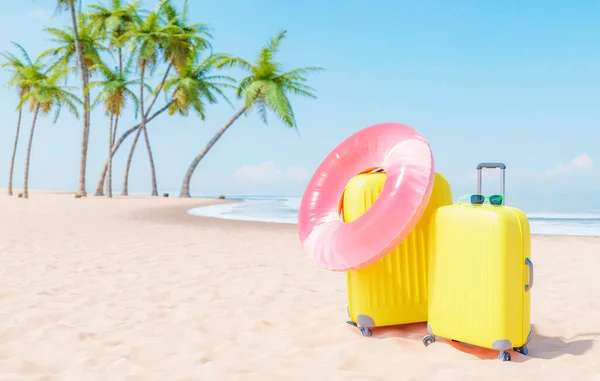 Rendering Bright Yellow Suitcases Pink Inflatable Tube Sandy Beach Palm — Stock Photo, Image