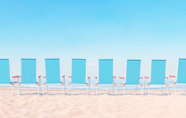 Bulutsuz gökyüzü ve okyanusa karşı sıralanan parlak mavi plaj sandalyelerinin üç boyutlu çizimi