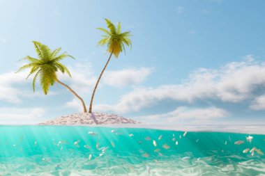 Güneşli bir günde dalgalanan mavi açık denizle çevrili yeşil palmiye ağaçları olan küçük kumlu adanın renkli 3D görüntüsü.