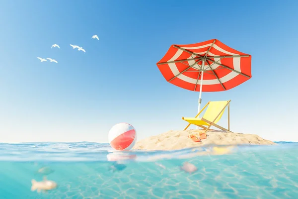 Bunte Darstellung Einer Sandigen Insel Mit Sonnenschirm Und Liege Umgeben — Stockfoto