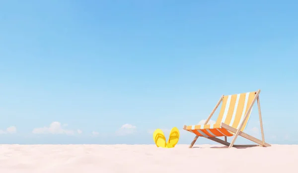 Καθιστούν Άδειο Αμμώδη Παραλία Παντόφλες Τοποθετούνται Κοντά Ριγέ Πτυσσόμενη Καρέκλα — Φωτογραφία Αρχείου