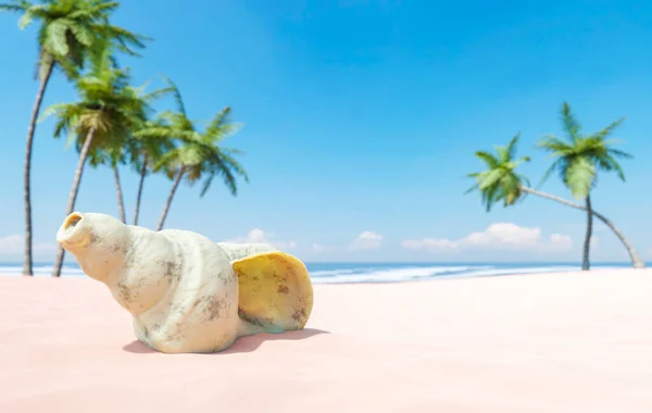 Vykreslení Ilustrace Místa Mušlí Bílé Písečné Pláži Proti Tropickým Palmám — Stock fotografie