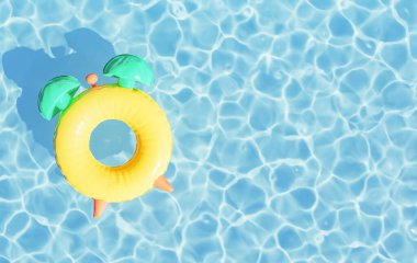 Güneşli bir günde berrak mavi suda yüzen alarm saati şeklinde şişirilebilir lastik dairenin renkli 3D görüntüsü