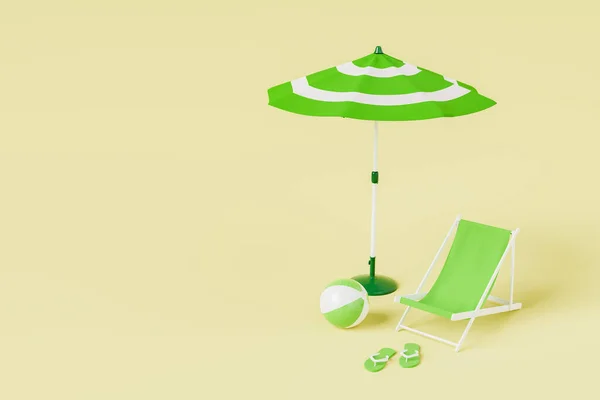 Renderowania Zielonej Plaży Parasol Umieszczony Pobliżu Piłki Leżak Kapcie Piasku — Zdjęcie stockowe