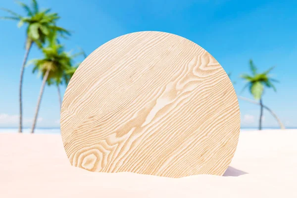 Renderowanie Okrągły Kształt Drewniany Stół Spadł Piaszczystej Plaży Pobliżu Wysokich — Zdjęcie stockowe