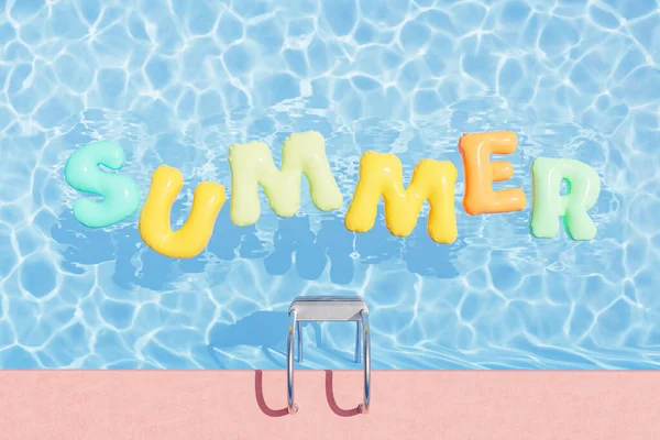 Weergave Bovenaanzicht Zwembad Met Kleurrijke Zwevende Woord Zomer Resort Tijdens — Stockfoto