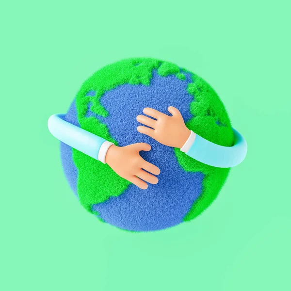 在绿色背景下对拥抱地球的无法辨认的人的手进行创造性的3D绘制 — 图库照片
