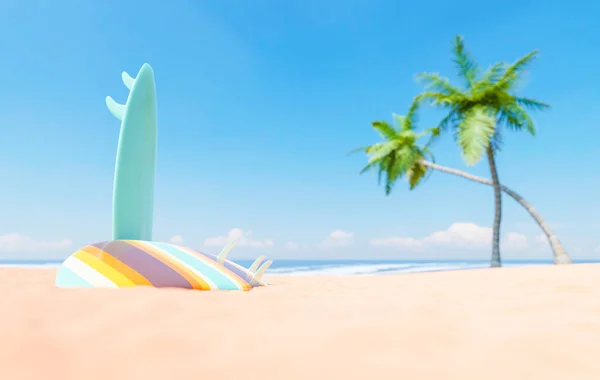 Rendering Von Surfbrettern Sandstrand Der Nähe Von Palmen Und Meer — Stockfoto