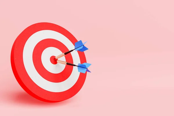3d rendering of red and white target with arrows in center placed on pink background