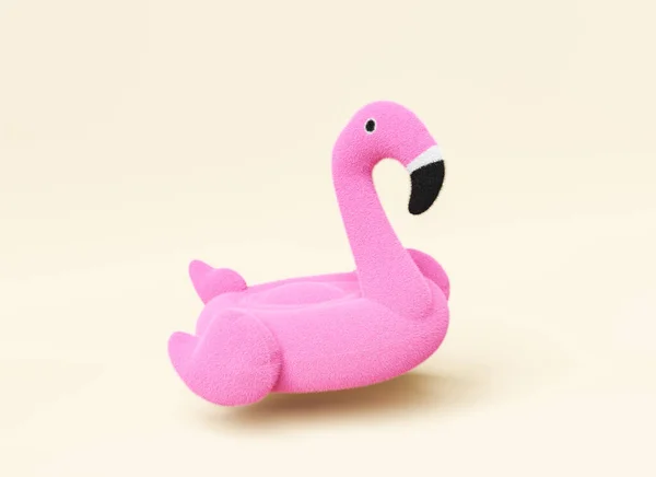 Renderowanie Puszysty Nadmuchiwany Różowy Flamingo Pływanie Pierścień Lewitujący Studio Beżowym — Zdjęcie stockowe
