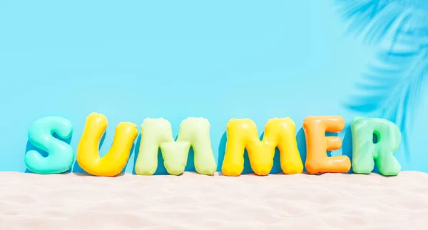 Візуалізація Літнього Напису Зробленого Надувних Матраців Розміщених Піщаному Пляжі Яскраво — стокове фото