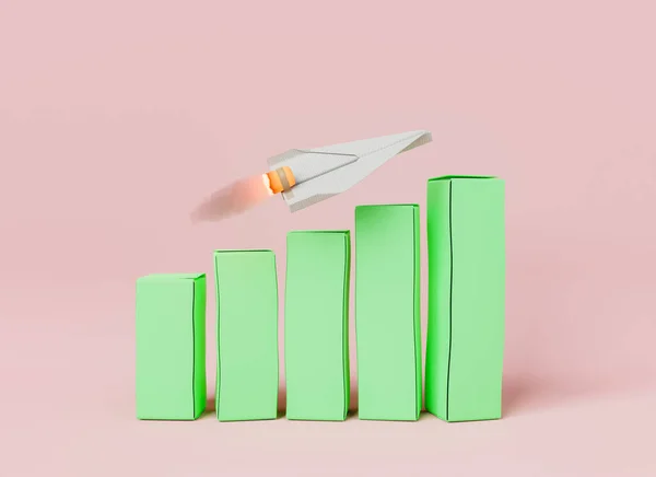 Creative 3D rendering of paper airplane flying over green rectangular shaped blocks as graph against beige background