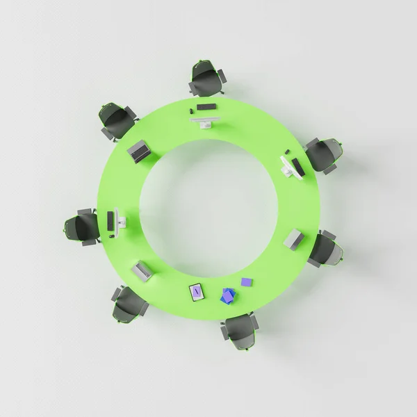 Rendering Ovanifrån Svarta Läderstolar Placerade Vid Grönt Cirkelformat Bord Med — Stockfoto