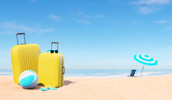在阳光明媚的夏日 类似的明亮黄色行李箱的3D渲染 装有充气球和滑板 放置在靠近甲板椅的沙滩上和蓝天下的伞下 — 图库照片