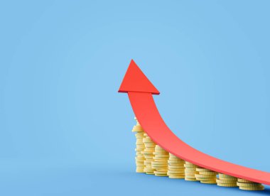 Kırmızı okun canlı 3D görüntüsü mavi arkaplanda büyüyen madeni para yığınlarına karşı hareket ediyor