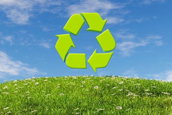 3D rendering of green recycling symbol over grassy meadow with growing chamomiles against cloudy blue sky on sunny day