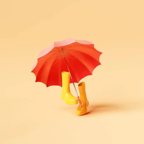 Creative 3D illustration of bright red umbrella placed above walking rubber boots against yellow backdrop