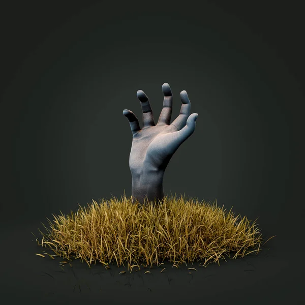 暗い背景に隔離された芝生から出てくるゾンビの手 ハロウィーンコンセプト 3Dレンダリング — ストック写真