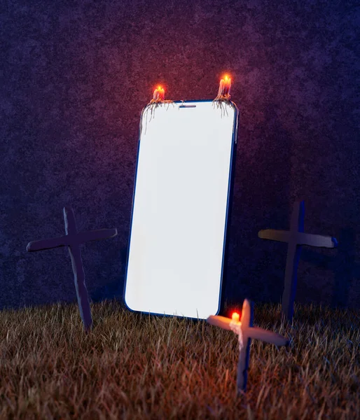 Makieta Telefonu Komórkowego Świecącym Ekranem Trawie Płonące Świece Krzyże Wokół — Zdjęcie stockowe