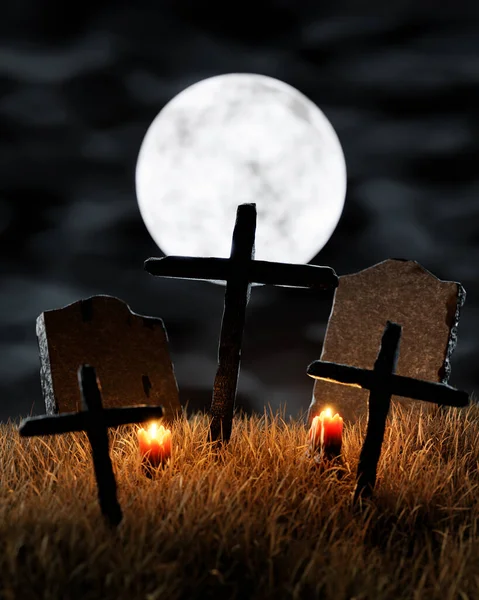 Cmentarz Nagrobkami Krzyżykami Noc Oświetloną Palącymi Się Świecami Pełnią Księżyca — Zdjęcie stockowe