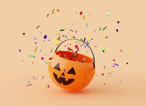 Halloween Pumpkin Basket Confetti Coming Out Pastel Orange Background Trick — Stock Photo, Image