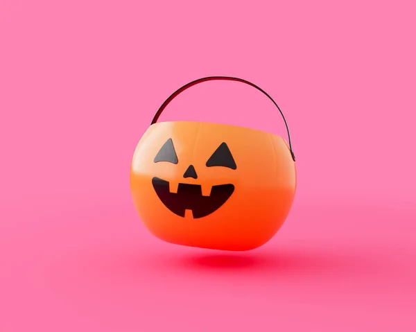 Pumpkin Basket Happy Face Floating Bright Pink Background Isolated Halloween — Stock Photo, Image