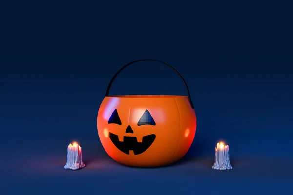 Halloween Pumpkin Basket Candles Burning Sides Dark Background Trick Treat — Stock Photo, Image