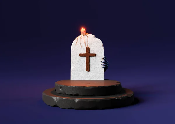 Дивний Подіум Надгробного Каменю Палаючою Свічкою Рукою Жертвою Дивиться Ззаду — стокове фото