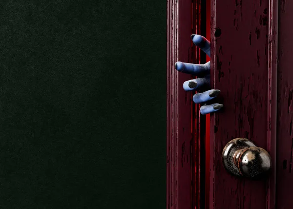 コピースペースのある古い赤いドアを覗く不気味な手の近く ハロウィン到着コンセプト 3Dレンダリング — ストック写真