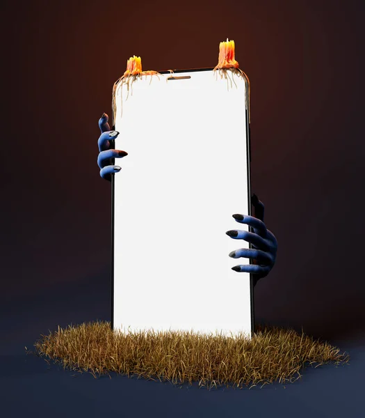 Makieta Telefonu Komórkowego Płonącymi Świeczkami Przerażającymi Rękami Wychodzącymi Tyłu Koncepcja — Zdjęcie stockowe